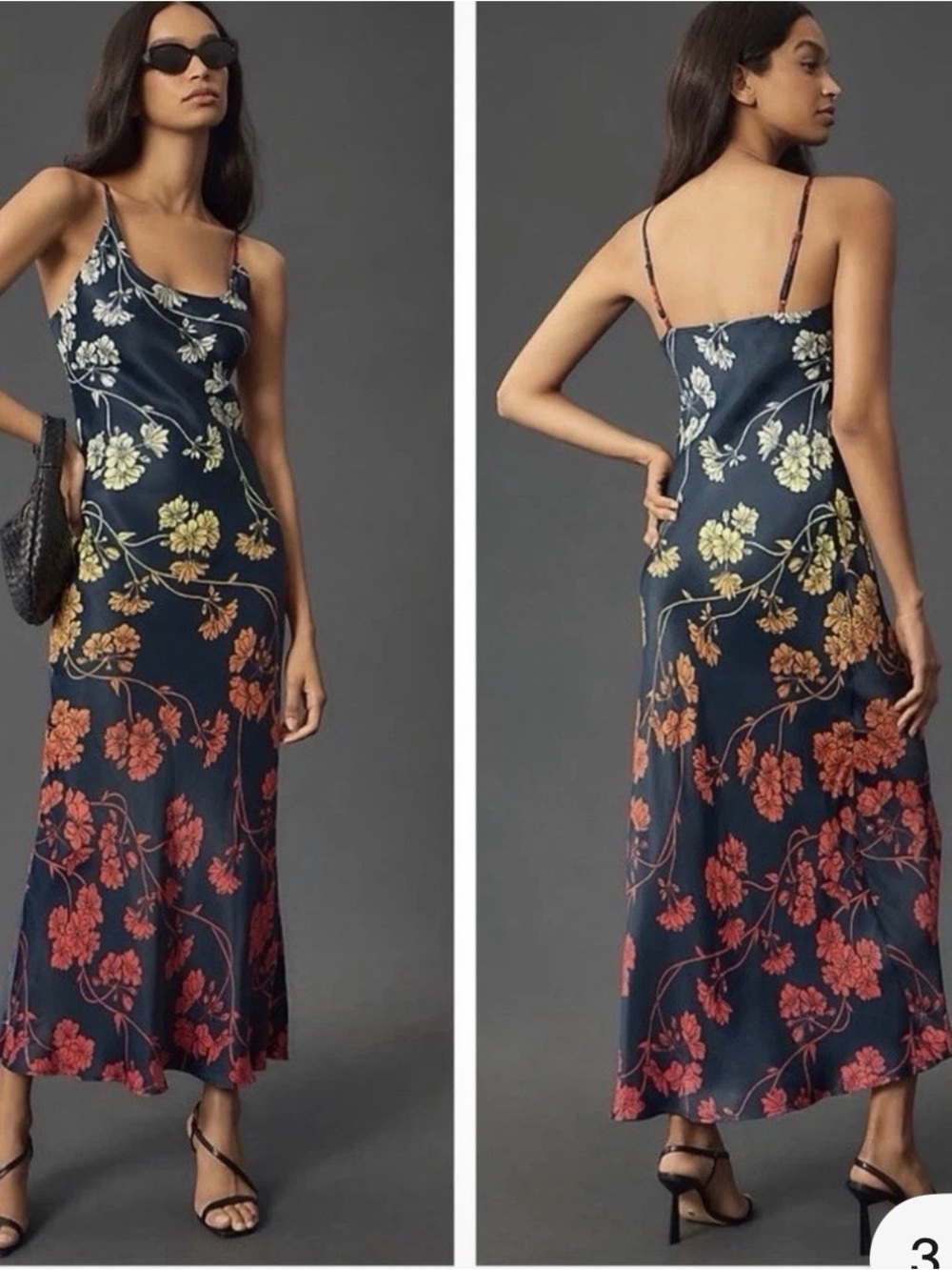 Elva Floral Slip Midi Dress - Navy with Red & Yellow ombré floral detail